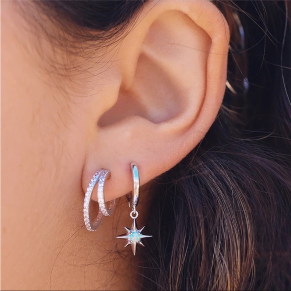 NWT 925 Sterling Silver Star Moon Celestial Dainty Huggie Hoop Opal Earrings - Picture 2 of 12